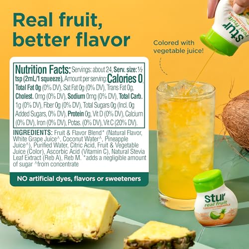 Image of Stur Liquid Water Enhancer | Coconut Pineapple | Naturally Sweetened | High in Vitamin C & Antioxidants | Sugar Free | Zero Calories | Keto | Vegan | 5 Bottles, Makes 120 Drinks (Pack of 4)