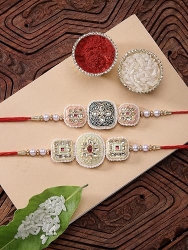 Image of Sukkhi Rakhi Traditional Kundan & Pearls Designer Meenakari Gold Plated Premium Rakhi for Brother with Roli Chawal & Greeting Card | Rakhi for Brother /Bhaiya /Bhai /Men|Rakhi Combo-Set of 2