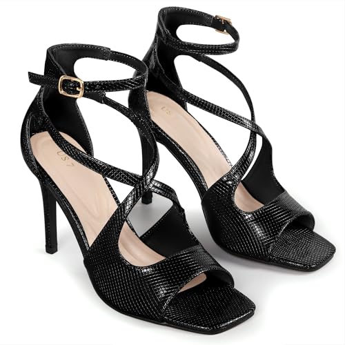 Allegra K Allegra K Women's Ankle Strap Square Toe Crisscross Embossed Stiletto Black Heels Sandals 9 M US