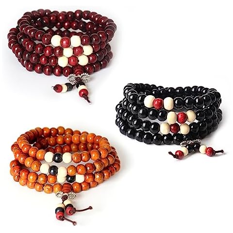 PWMENLK 108 Mala Beads Bracelets Meditation Necklace 3pc 8mm Wood Prayer Beads Buddhist Wooden Beaded Tibetan Buddha Bead Sandalwood Beaded Necklace for Men Women(balck red orange) Cover