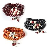 PWMENLK 108 pulseras de cuentas Mala, collar de meditación de 3 piezas de cuentas de madera de 8 mm, collar de madera budista para hombres y mujeres, Regular, Madera, No es una piedra preciosa