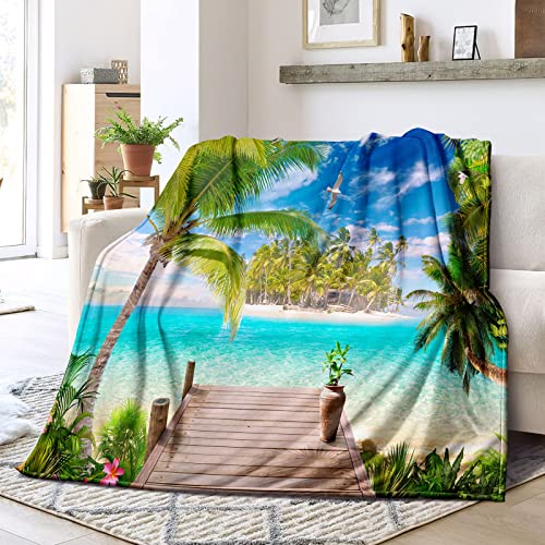 Bducok Ocean Beach Flannels Blanket,Tropical Palm Tree Hawaii Ocean Throw Blanket Super Soft Sunshine Beach Coastal Nature Themed Four Seasons Blanket(Ocean Blankets 3002-60"X50") #TOP16