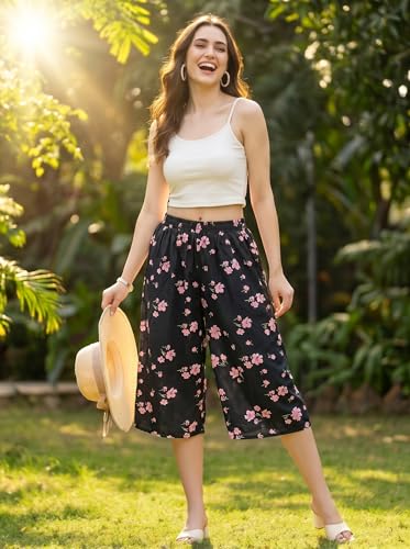 Image of THUMBA Women's Printed Poly Rayon Palazzo Pants | Wide Leg Culottes | Floral & Butterfly Print | Elastic Waist | Casual & Ethnic Wear | S M L XL 2XL 3XL