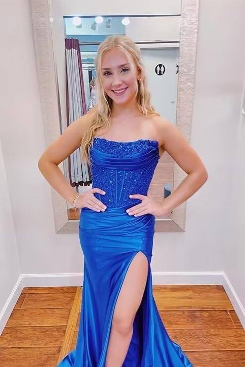 Lace Mermaid Prom Dresses 2026 Strapless Satin Formal Evening Party Gowns - Image 2