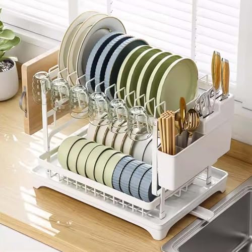 CAFIEDR White Dish Rack Stainless Steel Kitchen Countertop Dish Drainer Rust Proof Dish Holder with Removable Tray Space Saving Kitchen for Easy Drying