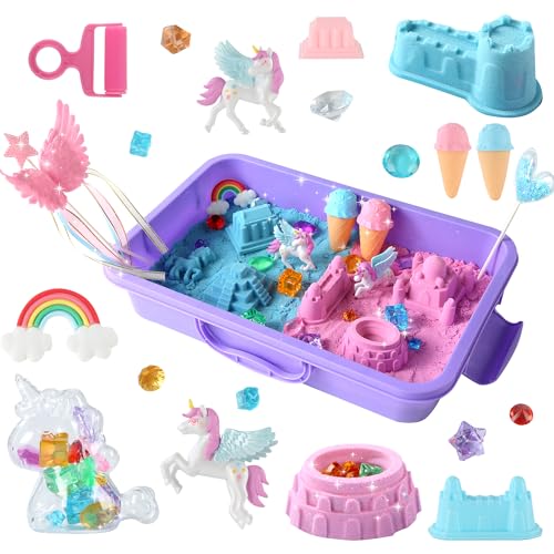 sikmcle Unicorn Sensory Bin Play Sand Kit for Girls Moulds Toddler Sand Art Kit with Sandbox for Kids for Toddlers Ages 3-8