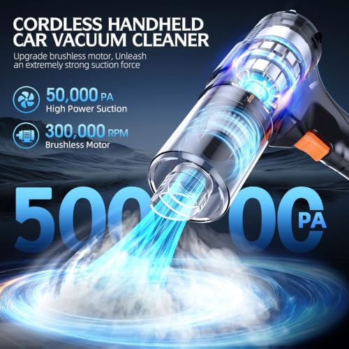 Image of Car Vacuum Portable Cordless, 50000Pa Strong Suction Brushless Motor, Handheld Vacuum with 2 Batteries & Charger, 6-in-1 Rechargeable Vacuum Cleaners for Home, Pet Hair & Keyboard Ink Black