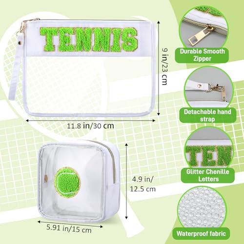3 Pcs Tennis Gifts Makeup Cosmetic Bag with Chenille Letter Patch Clear Toiletry Pouch Waterproof PVC Organizer Purse with Fluffy Tennis Ball Keychain Accessories for Women(Green)2