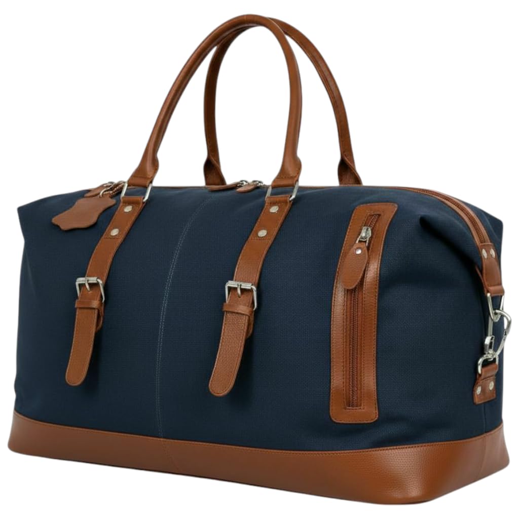 Genuine Leather Large 40L Canvas Weekender Travel Duffle Cabin Bag with Detachable Shoulder Strap for Men and Women Overnight Sling Bag (Blue)-image-16