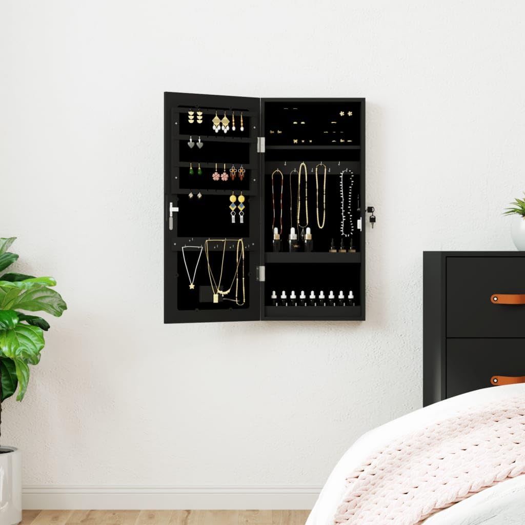 Czarna szafka na biżuterię z lustrem z oświetleniem LED, montowana na ścianie, zamykana, materiał drewnopochodny, 31,5 x 9 x 67 cm, do sypialni, łazienki, do przechowywania biżuterii