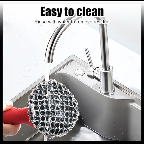 Image of Cast Iron Scrubber, Stainless Steel Chainmail Cleaner with Handle Easy-to-Clean Pot Brush for Pots Pans Plates