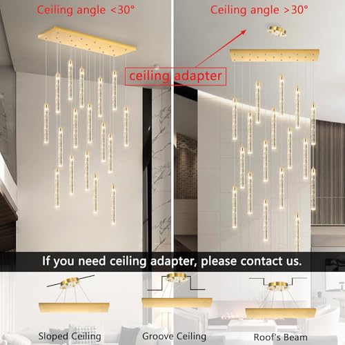 Image of Rectangular Chandeliers 17-Lights Long Light for Entryway LED Dimmable Chandeliers Lighting Fixture Flat Sloped High Ceiling Pendant Lights Crystal for Living Room Foyer Hallway Staircase Gold