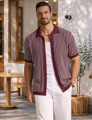 Image of COOFANDY Mens Knit Button Down Shirts Short Sleeve Polo Shirt Vintage Striped Casual Shirts