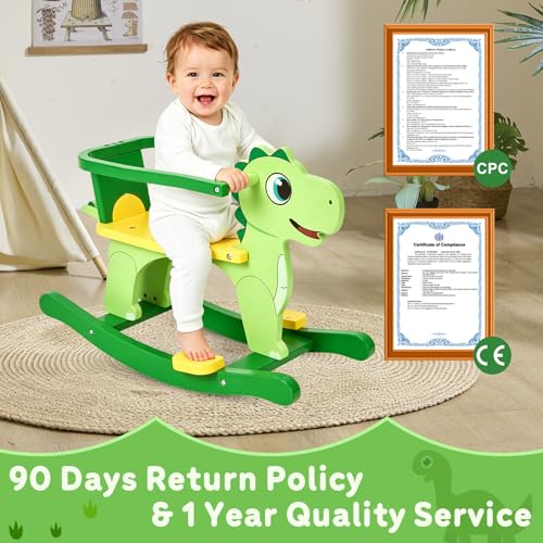 Image of FUNLIO Wooden Dinosaur Baby Rocking Horse Ages 0.5-3, Cute Baby Rocking Horse with Removable Fence & Backrest, Easy to Assemble Toddler Wooden Rocking Horse, CPC & CE Certified - Green