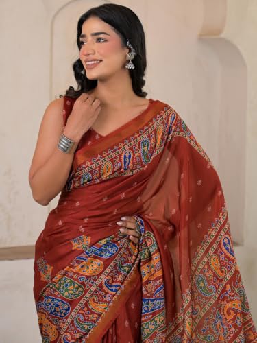 Image of SIRIL Women's Printed Silk Saree with Zari Border & Tassels