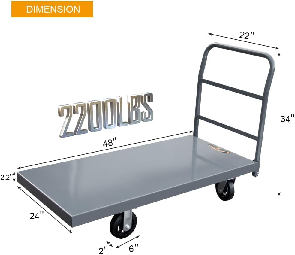 Steel Platform Truck 2200 lb Capacity, 24" x 48" Heavy Duty Flatbed Push Cart with Smooth Deck, Industrial Platform Dolly for Warehouse & Commercial Use