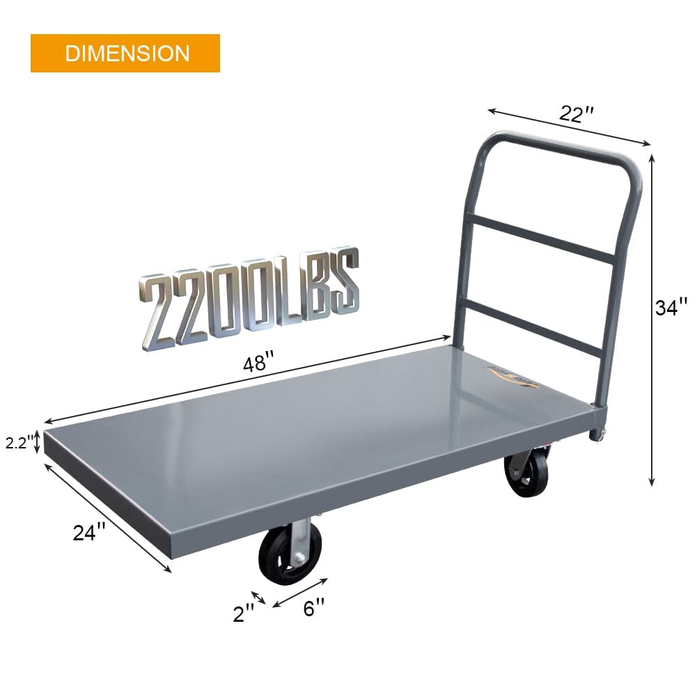 Stalowy wózek platformowy, nośność 997 kg, 61 cm x 122 cm, wytrzymały wózek pchany z gładkim pokładem, platforma przemysłowa do użytku magazynowego i komercyjnego