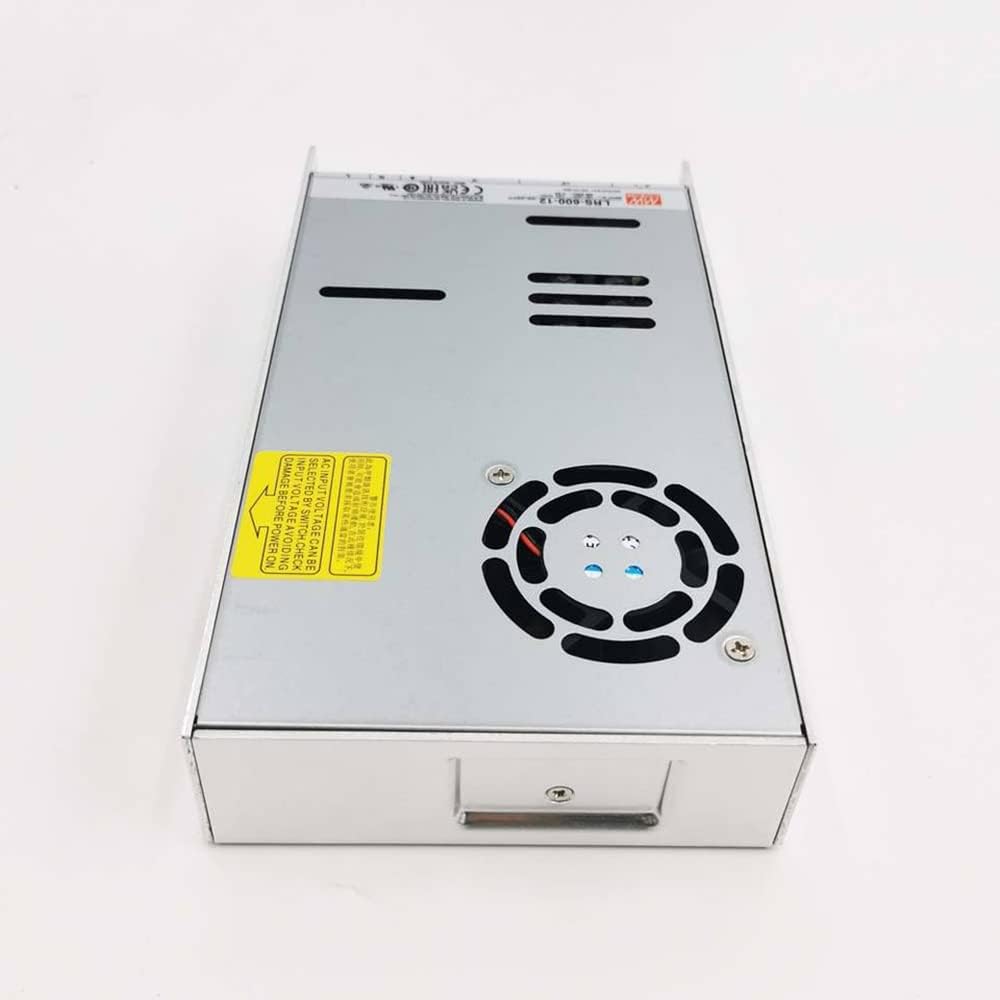Side view of Mean Well LRS-600-12 Power Supply showing warning label and fan