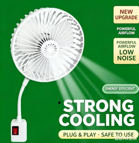Image of Mini Compact 5 inch Inch Electric Plug-in Fan - with 360* Flexible Hose Pipe, On /Off Switch, White, with Universal Travel Adapter