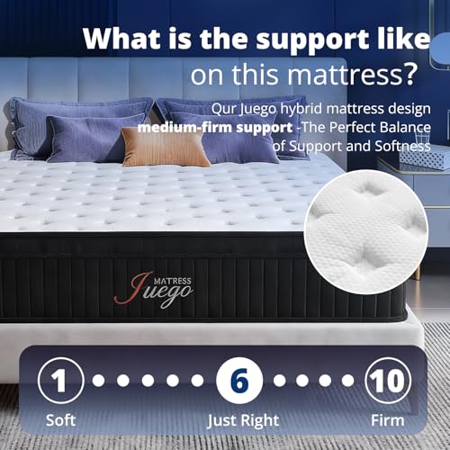 Image of Juego 12 inch Full Size Mattress,Cooling Hybrid Mattress for All Sleepers | Medium Firm Memory Foam & Individual Pocket Springs for Improve Sleep & Pressure Relief, Breathable & Skin-Friendly Cotton