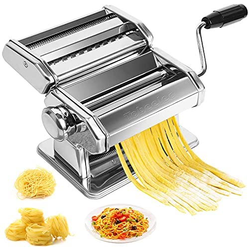 Machine à Pâtes, 150 roller Laminoir à Pâtes Fraîches Manuelle en acier inoxydable avec 2 en 1 coupe-spaghetti, 7 Réglages D'épaisseur, Clip de Fixation, Manivelle, pour les Spaghettis et Fettuccini Cover