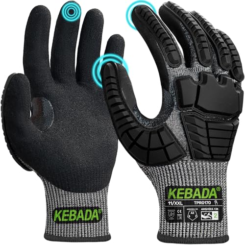 Kebada Impact Protection Gloves ANSI A2 Cut Resistant Work Gloves with Grip Touchscreen Sandy Nitrile Coated Black Large