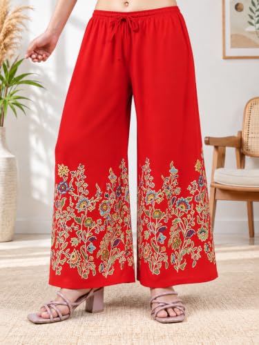 Image of Women's Rayon Bird Flower Print Loose fit Palazzos Pants Free Size 28 to 40