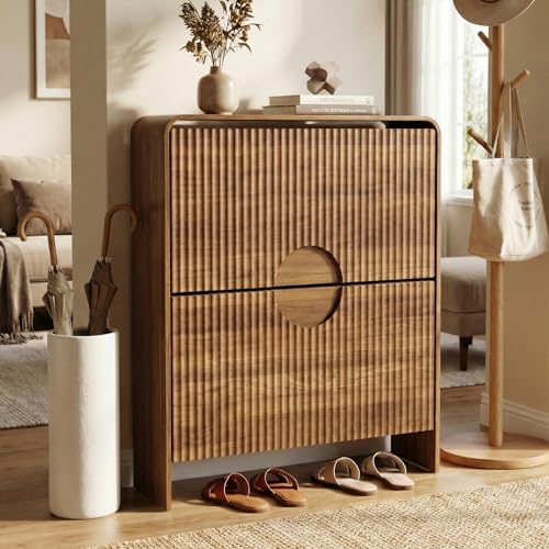 zofiauai Slim Shoe Storage Cabinet for Entryway, Narrow Shoe Cabinet with 2 Tier Flip Drawers Doors,...