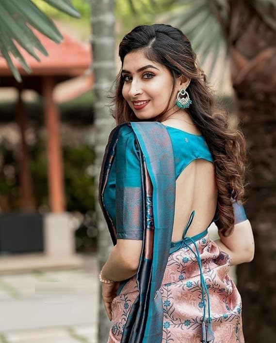 Women's Banarasi Kanjivaram Cotton Silk Saree With Unstitched Blouse Material for Women | wedding, Party, Festival saree (Peach)