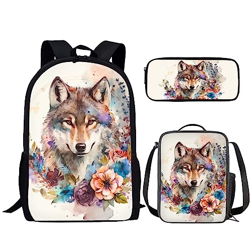 Renewold 3pcs Kids Teens Backpack Set Wolf Flower Print with Lunch Box Pencil Case Preschool Primary Middle School Student Bookbag School Backpacks Laptop Backpack Boys Girls Book Bag