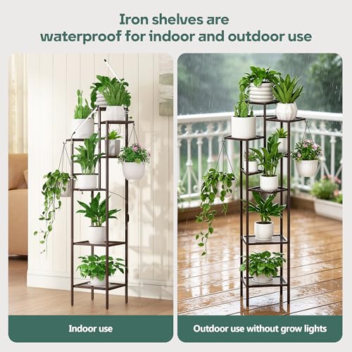 Image of Quikraen 8-Tier Brown Plant Stand with Grow Lights, 58.5 inch Tall Ultra-Narrow Corner Plant Shelf with 2-Head LED Grow Light & Hanging Hooks, Space-Saving Metal Flower Pot Holder Rack for Indoor Plants, Patio, Balcony