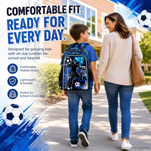 Image of gxtvo 3PCS Boys Soccer Backpack, 17 inch Kids Football Bookbag with Lunch Box, Water Resistant Middle Elementary Preschool School Bag