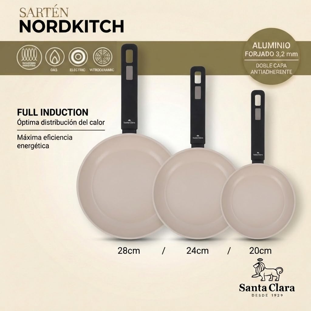 SANTA CLARA | Juego de Sartenes Nordkitch Pack 3 (20, 24 y 28 cm) aluminio forjado 3,2 mm con mango soft touch, sartenes antiadherentes doble capa full induction, aptas para inducción, gas y vitro