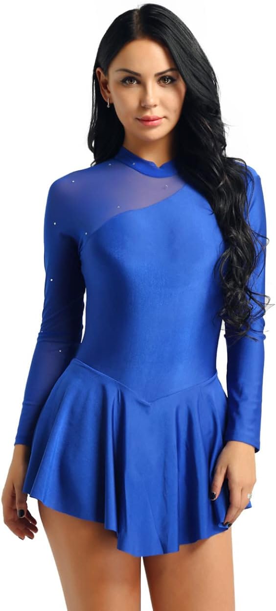 Lejafay Women's Shiny Rhinestones Figure Skating Dress Long Sleeves Gymnastics Leotard Ballet Dance Costume