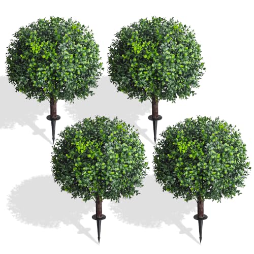 XUXDUHY 25 Inch Artificial Boxwood Topiary Ball Trees Set of 4, UV Resistant Faux Shrubs with Stable Base, Realistic Indoor Outdoor Fake Plants for Front Porch, Garden, Patio & Home Decor