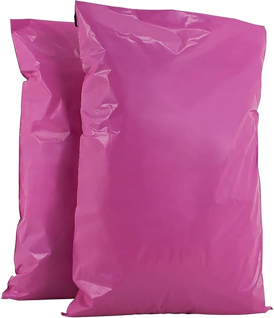 AKAR 17 x 22 Inch Mailing Bags Strong Polythene Posting Mail Bags with Aluminium Adhesive Strip 60 Microns  Easy Seal  X-Large 43 x 56cm  For Non-Fragile Items (Pink, 5 Pack)
