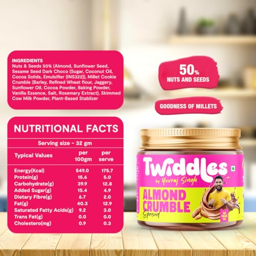 Image of Twiddles by Yuvraj Singh Almond Crumble Chocolate Spread,250G(Crunchy) - Made With 50% California Almonds & Seeds |16G Protein|70% Less Sugar|No Palm Oil|No Preservatives|Tastiest bread Spread