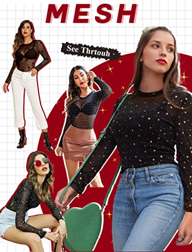 Image of Avidlove Womens Mesh Long Sleeve Bodysuit Round Neck Sheer Leotards Geo Print Bodysuit Top with Snap Crotch