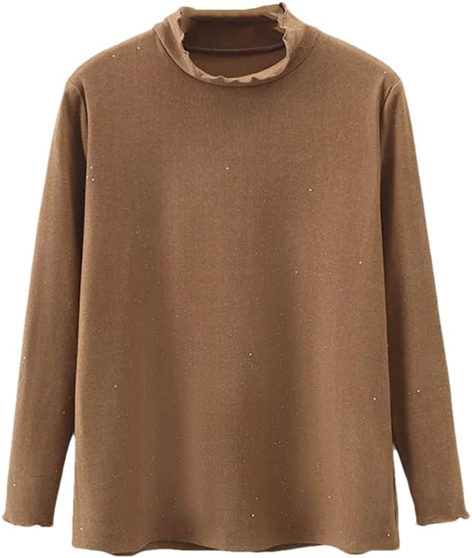DBFBDTU Women's Casual Fleece Double-Sided Thermal T-Shirt Mock Neck Sequins Long Sleeve Tops