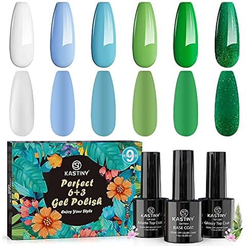 Gel Nail Polish, Kastiny 9 Pieces Light Blue Green Gel Nail Polish UV Set, 1 Base Coat & 2 Top Coat, Long Lasting Soak Off Gel Nail Polish, DIY Nail Art Cover