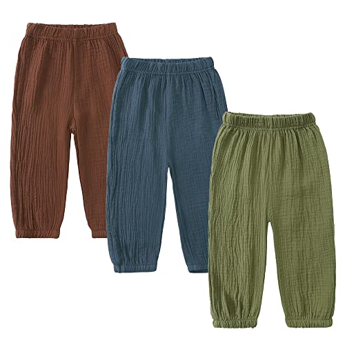 Kids Tales 3 Pack Boys Girls Cotton Linen Pants Child Basic Plain Solid Trousers Big Kids Elastic Waist Long Pants Bloomers