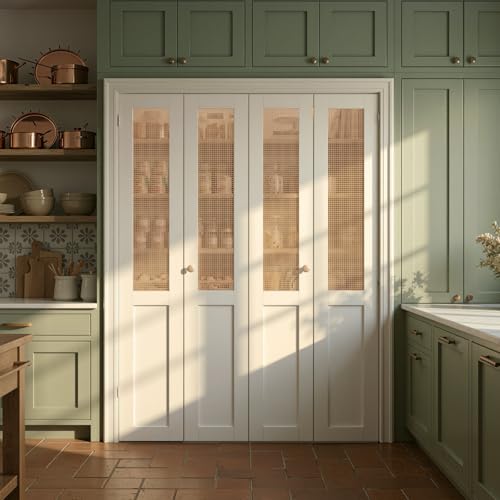 SMARTSTANDARD Rattan Bifold Closet Door for 60"x80" Opening Interior Slab, Preassembled Panel, MDF& Webbing Surface, Easy to Install with Hardware Kit for Wardrobe Closet Pantry Bedroom White