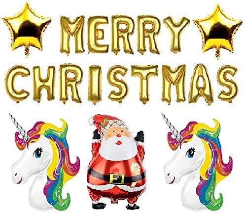CollectiveMed® Merry Christmas Letter Foil Balloons Banner Golden Christmas Decoration Party Supplies|1 Santa/2 Star/2 Unicorn/ Christmas Latter|