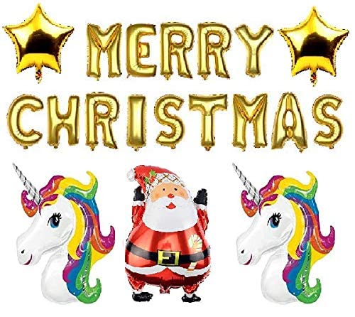 CollectiveMed® Merry Christmas Letter Foil Balloons Banner Golden Christmas Decoration Party Supplies|1 Santa/2 Star/2 Unicorn/ Christmas Latter|