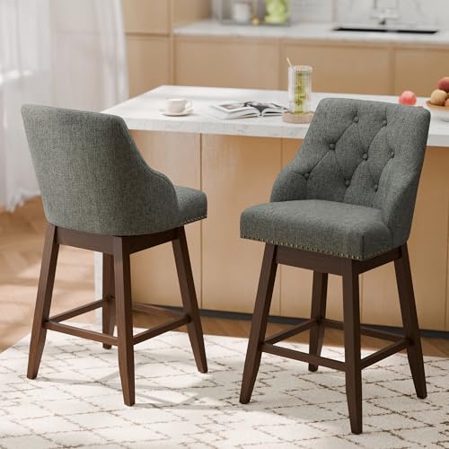 Betterhood 26" Swivel Counter Height Stools Set of 2, Modern Bar Stools with with Upholstered Tufted Backs, Solid Wood Legs and Footrests (Grey, 26" - Set of 2)