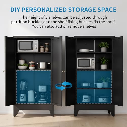 Image of 48 inch H Black Steel Pantry Storage Cabinet with 3 Adjustable Shelves | 4-Tier Tall Metal Cabinets for Kitchen, Living Room, Garage, Heavy Duty Freestanding Utility Cabinet, Assembly Required