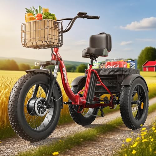 QRONGE Electric Trike for Adults 960W Peak, 36V 15AH Battery Ebike 50 Miles Range with Large Rear Basket, Electric Trike 20'*4' Fat Tire, Max 20MPH 3 Wheel Folding Electric Tricycle for Adults(Lava)