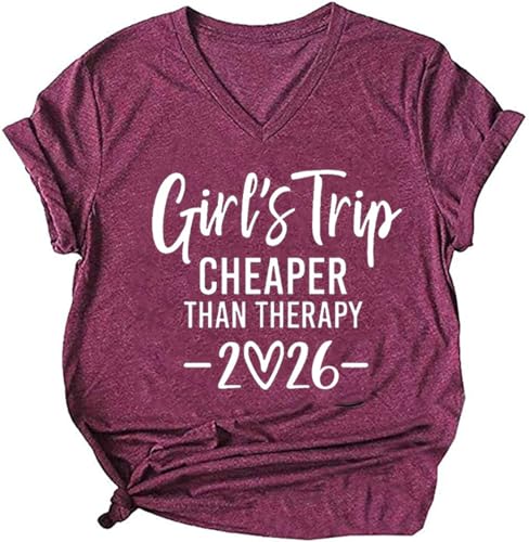QIANRUO Girls Trip Cheaper Than Therapy Tshirt Women Funny Letter Print Short Sleeve V Neck T Shirt Summer Vacation Tees (XL, 2026-Purple)