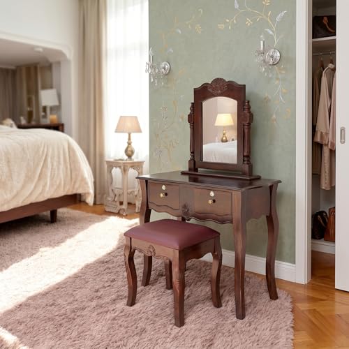 Image of APRODZ Solid Wood Dressing Table with Mirror Brown Vanity Table with Storage for Bedroom Living Room Pre-Assembled Home Furniture with Mirror Makeup & Accessories Storage Organizer with 2 Drawers