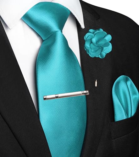 Image of JEMYGINS Formal Necktie Solid Color Tie and Pocket Square with Tie Clip Lapel Pin Sets for Men 4PCS